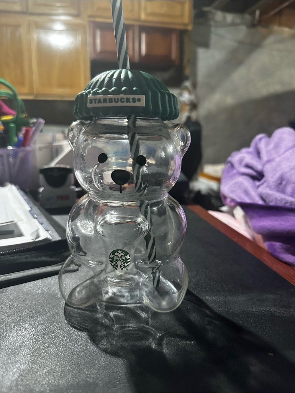 Starbucks Clear Bear Cup with Dark Green Lid and Striped Straw